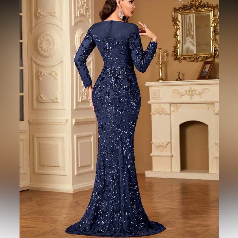Elegant Blue Long Sleeve Sequin Evening Gown - Picture 7 of 7